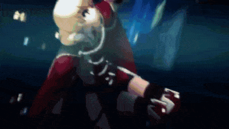 a bald man in a red suit is flying through the air with a flying object in the background .