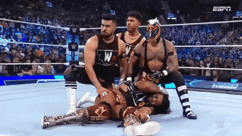a group of wrestlers are wrestling in a wrestling ring .