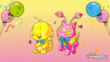 a cartoon drawing of a cat and a dog with balloons and the word hi