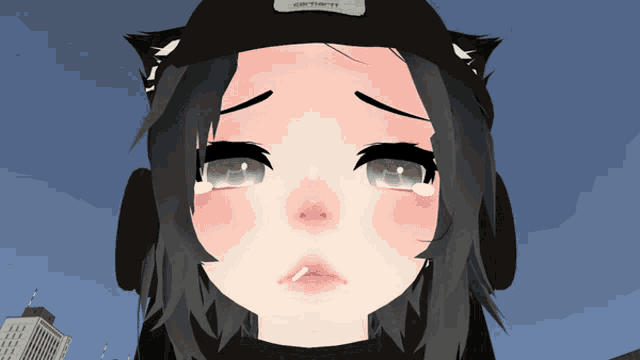a girl wearing a black hat with the word carhartt on it is crying