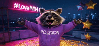 a raccoon wearing a purple hoodie that says polygon on it