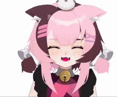 a cartoon character with pink hair and a bell around her neck