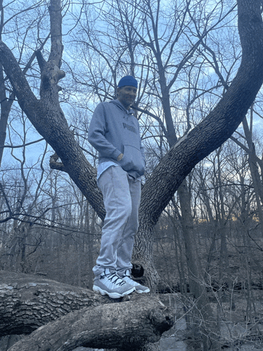 a man in a puma hoodie stands on a tree