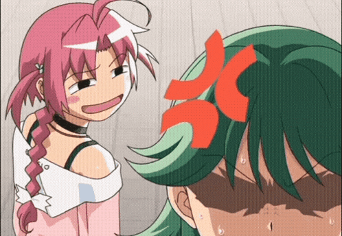 a cartoon of a girl with pink hair and a green haired girl