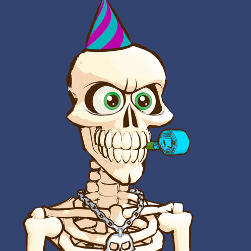 a cartoon skeleton wearing a party hat blowing a blue party horn