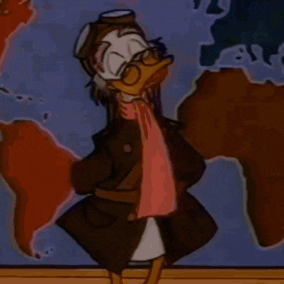 a cartoon of donald duck standing in front of a map of the world with his eyes closed