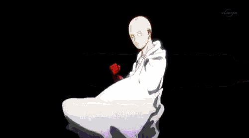one punch man is flying through the air with a white cape on his back .