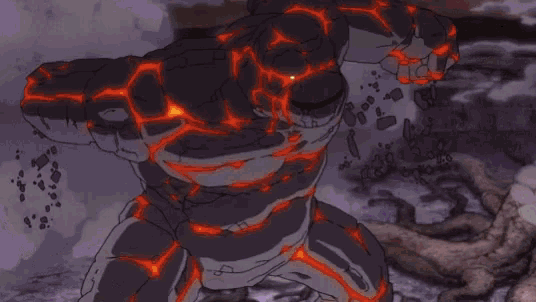 a cartoon of a purple and orange monster with a sword fighting another monster