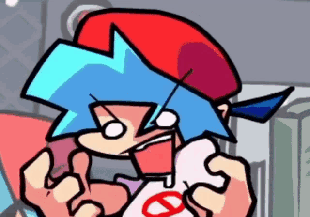 a cartoon character with blue hair and a red hat is wearing a t-shirt with a no sign on it .