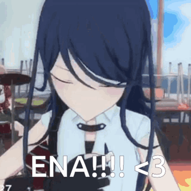 a girl with long black hair is holding a drum set and says ena !!! < 3