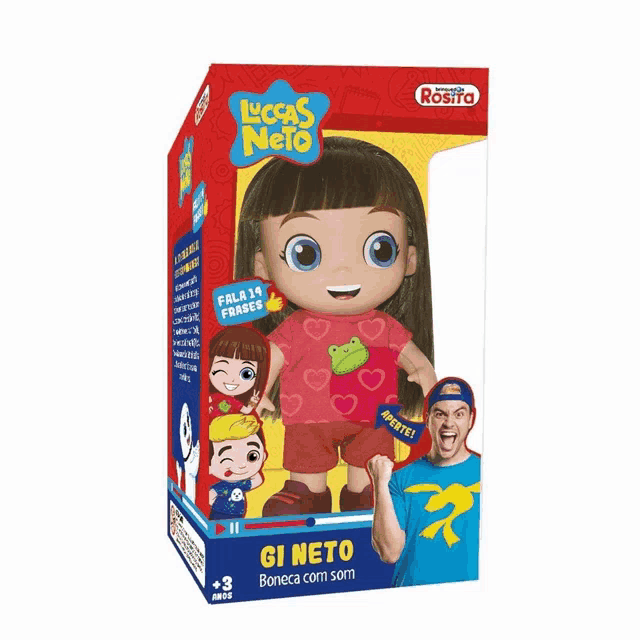 a lucas neto doll in a red box with a frog on her shirt