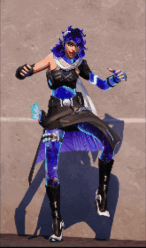 a video game character with purple hair and blue pants