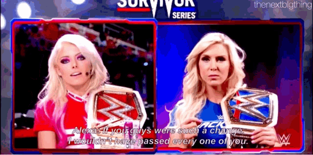 two women are holding wrestling belts in front of a sign that says " survivor series "