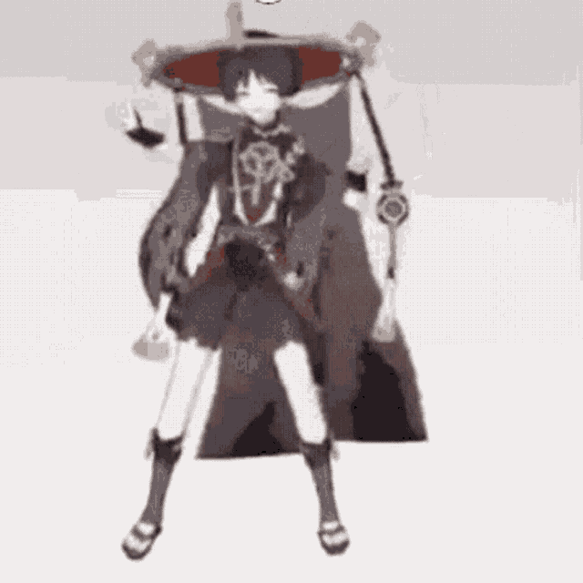 a cartoon character is standing in front of a white background wearing a hat and holding a sword .