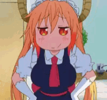 a cartoon girl with long orange hair and horns is wearing a maid outfit and tie .