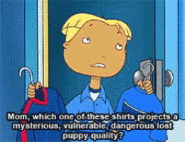a cartoon of a boy holding a jacket with the words mom which one of these shirts projects