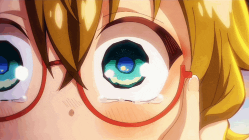 a close up of a person wearing glasses with a blue eye