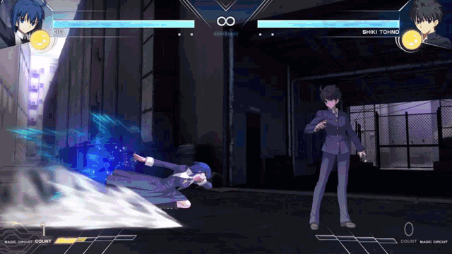 a video game is being played between two characters named shiki tohno