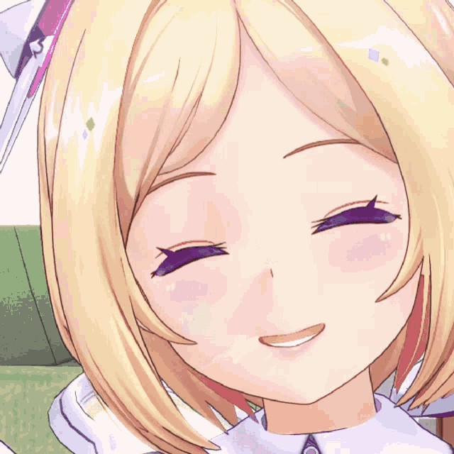 a girl with blonde hair and purple eyes is smiling
