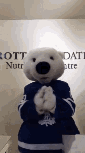 a mascot wearing a maple leafs jersey stands in front of a wall that says rott nutricentre