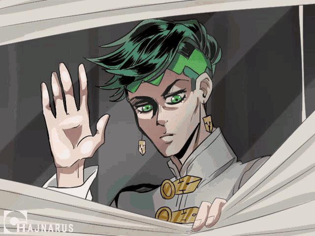 a drawing of a man with green hair and the name hajnarus
