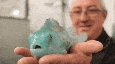 a man is holding a blue fish in his hands