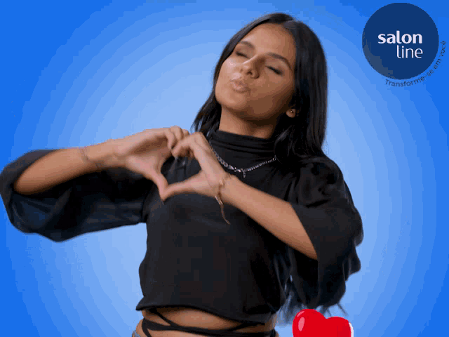 a woman making a heart shape with her hands with a salon line logo in the background
