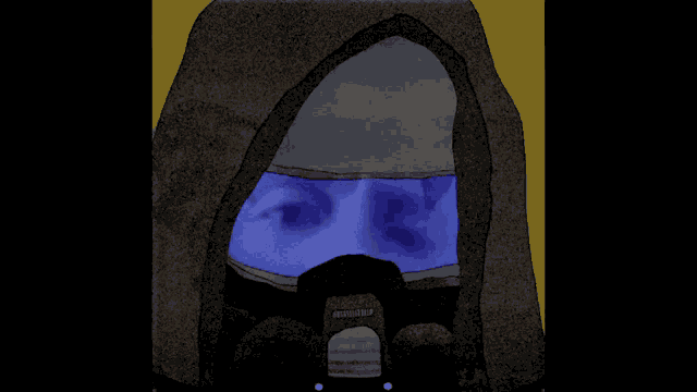 a drawing of a person with a hood and a blue mask