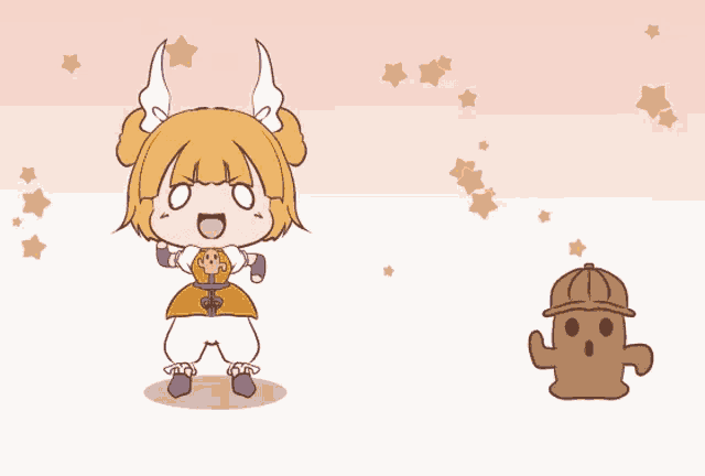 a cartoon drawing of a girl with horns standing next to a statue
