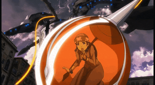 a girl in a brown dress is in an orange sphere