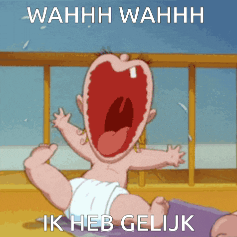 a baby in a diaper is screaming with the words wahh wahh ik heb geluk below it