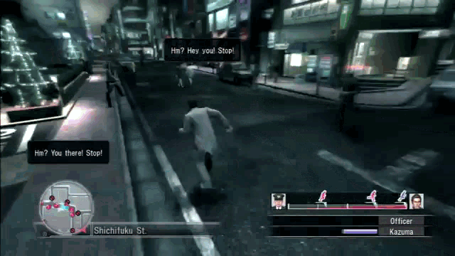 a video game screen shows a man running down a street and officer kazuma is nearby