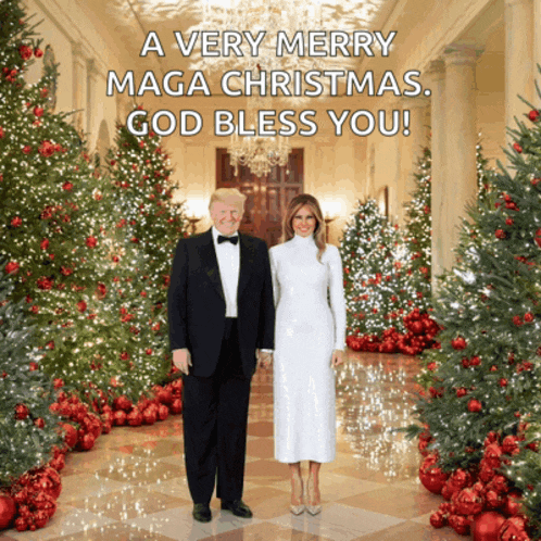 a very merry maga christmas god bless you is written on a card