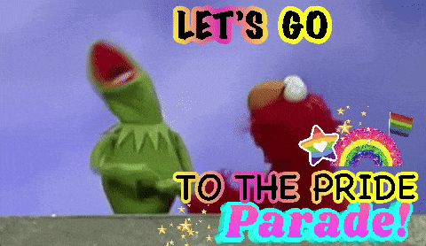 elmo and kermit are standing next to each other with the words let 's go to the pride parade behind them