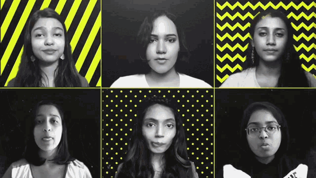 a black and white photo of a woman 's face with a yellow polka dot background