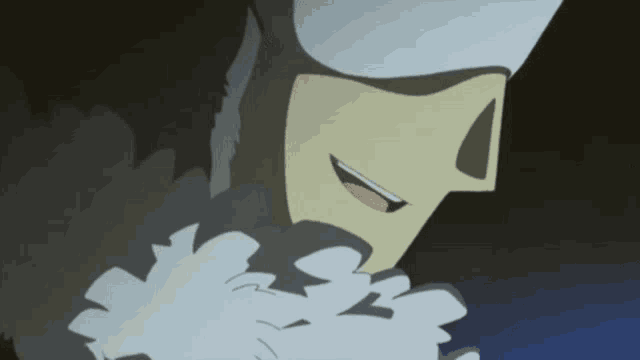 a close up of a person 's face with a white hat on
