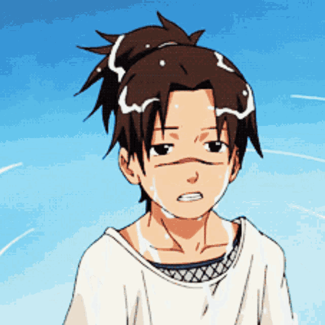 a cartoon character with a bun on his head and a white shirt