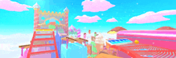 a colorful cartoon scene with a blue sky and pink clouds .