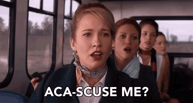 a woman on a bus says " aca-scuse me " in front of her