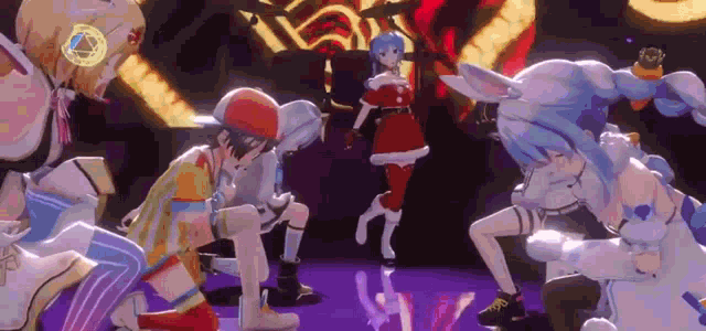 a group of anime characters are dancing on a stage . one of the characters is wearing a santa claus outfit .