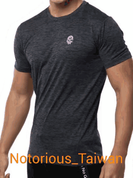 a man is wearing a black t-shirt that says notorious_taiwan on it
