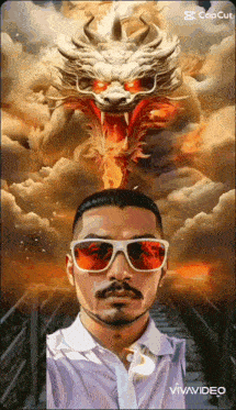a man wearing sunglasses stands in front of a dragon