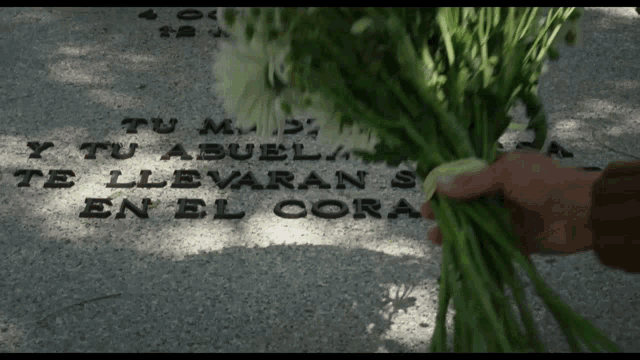 a person is holding a bouquet of flowers in front of a gravestone that says " y tu abuela te llevaran "