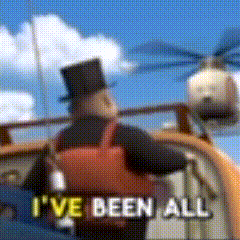 a man in a top hat says " i 've been all " while driving a boat