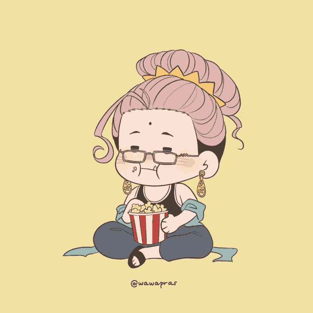 a cartoon drawing of a woman eating popcorn with the watermark @wawapras on the bottom