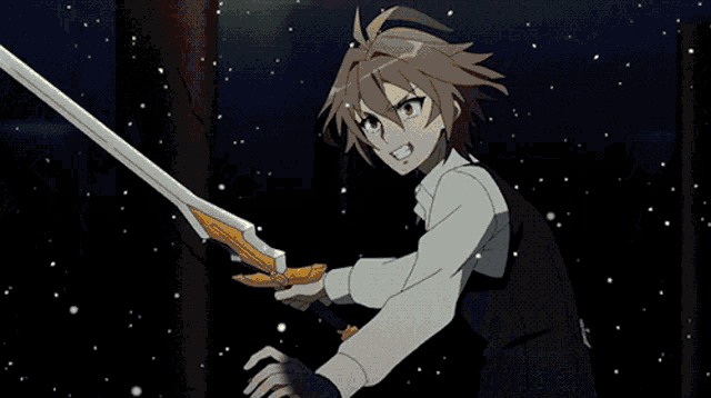 two anime characters are fighting with swords and one has a glowing sword