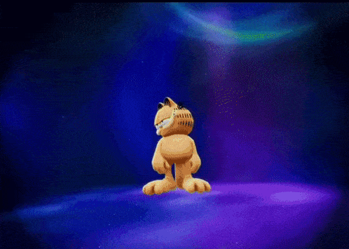 a cartoon character named garfield is standing in front of a purple background