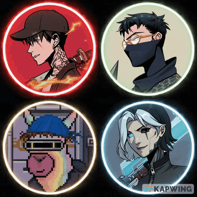 four circles with different characters in them and the word kapwing in the bottom right corner