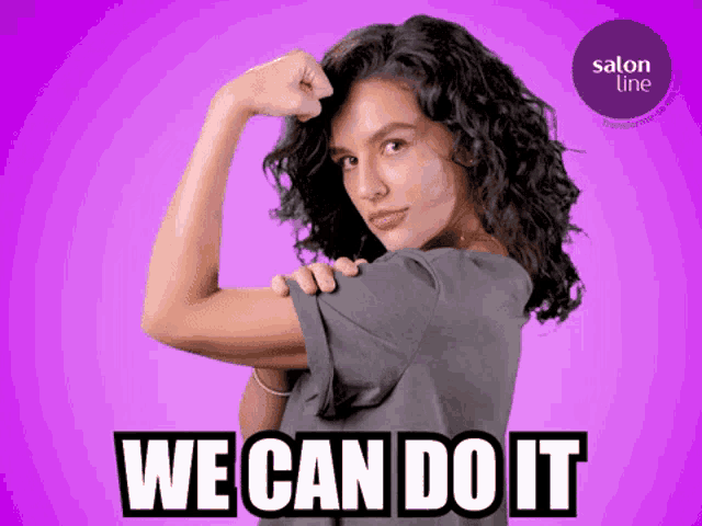 a woman flexes her arm with the words we can do it below her