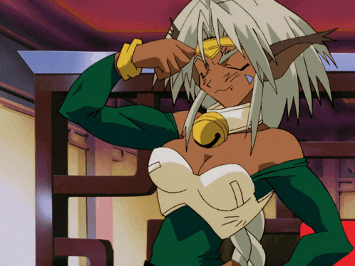 a cartoon character with a bell around her neck is flexing her muscles